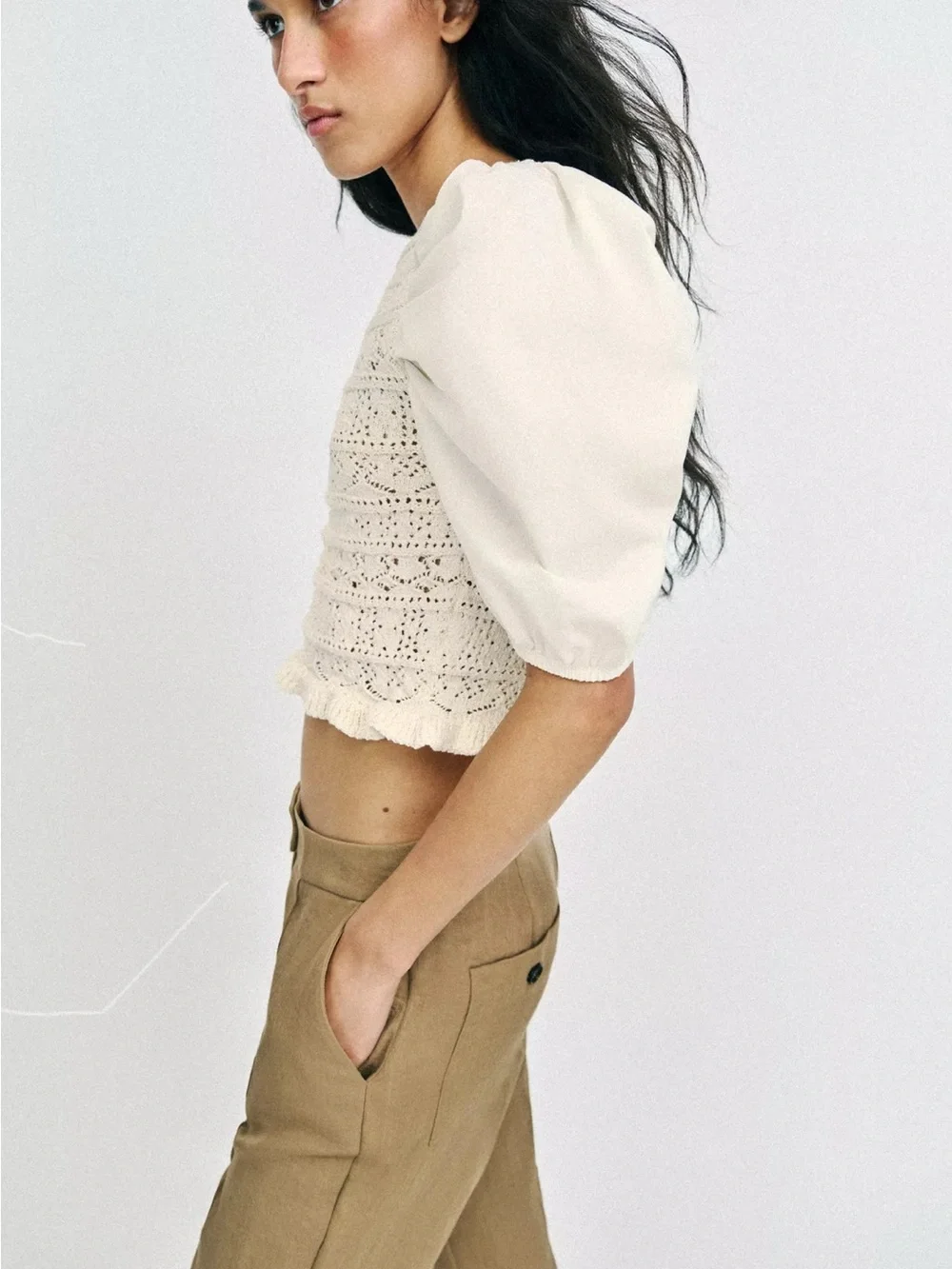 Zara Cream Crochet Puff-Sleeve Crop Top